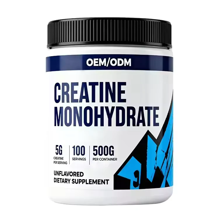 Creatine monohydrate powder in a 500 gram private label jar