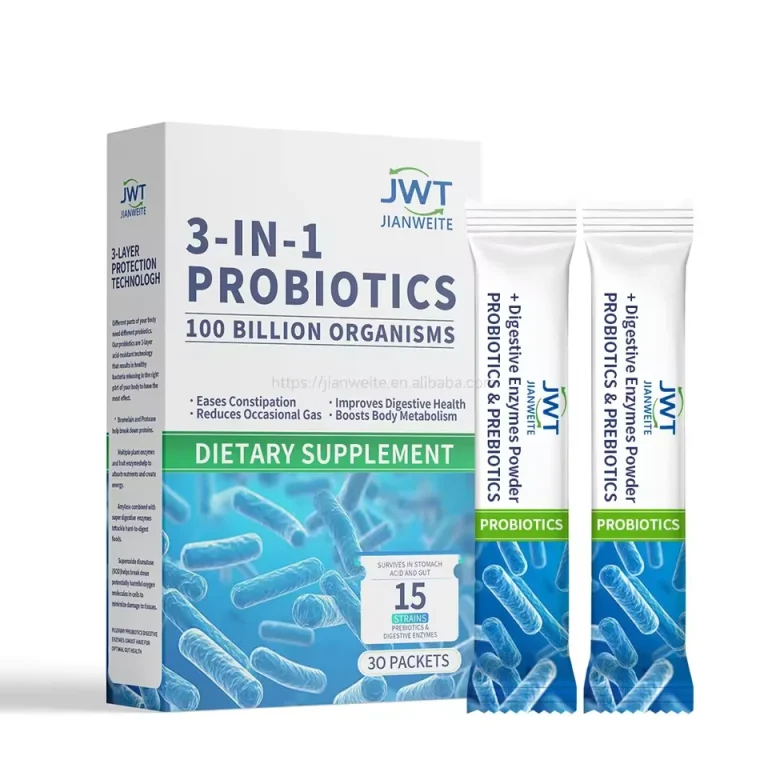 Probiotic prebiotic and digestive enzyme powder in stick packs